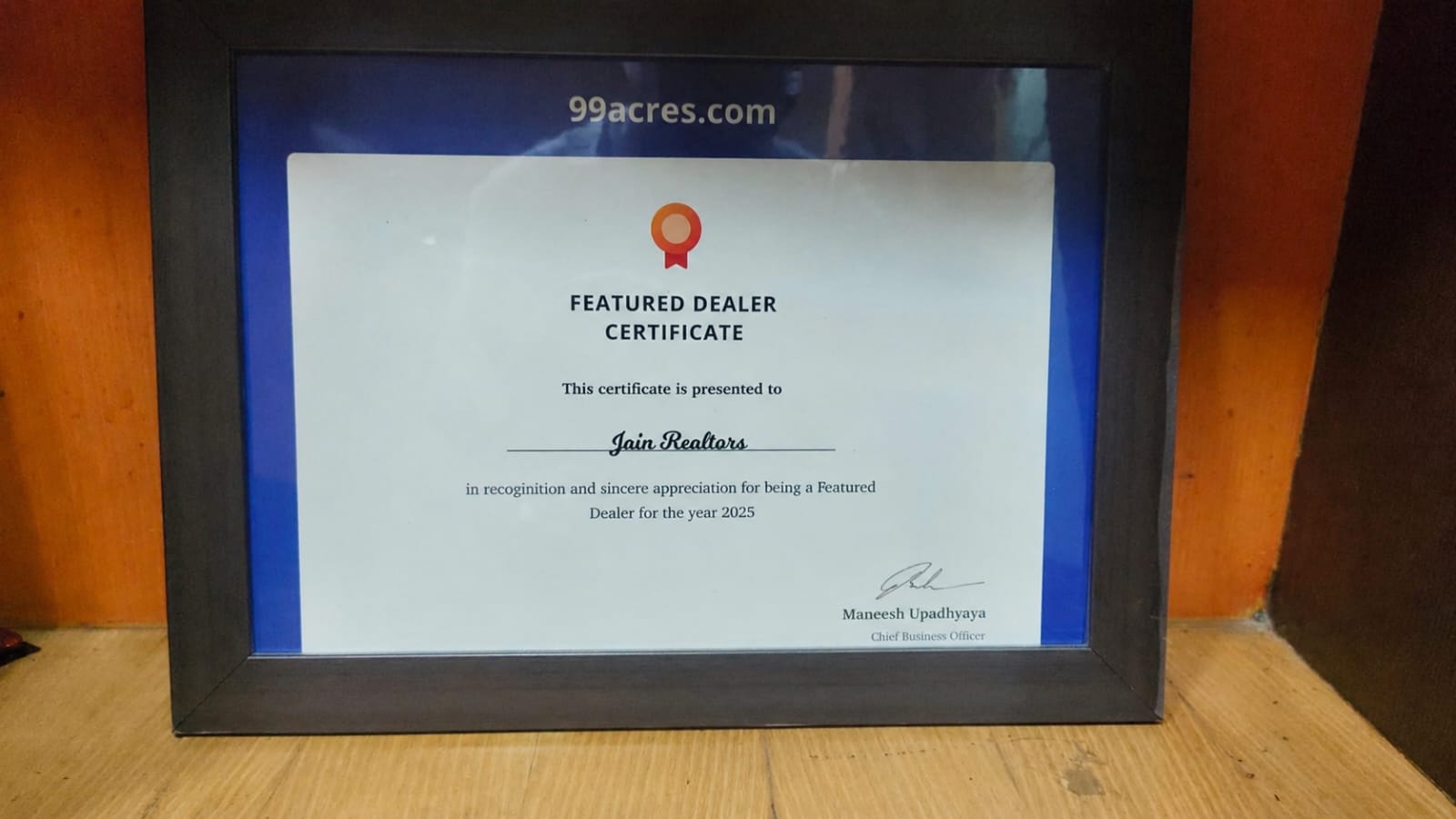 99acres Featured Dealer Certificate Jain Realtors 2025